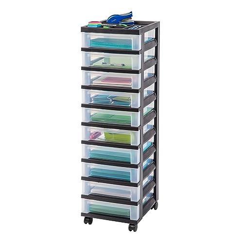 IRIS USA Plastic 10-Drawer Rolling Storage Cart with Wheels, Black/Clear T4065