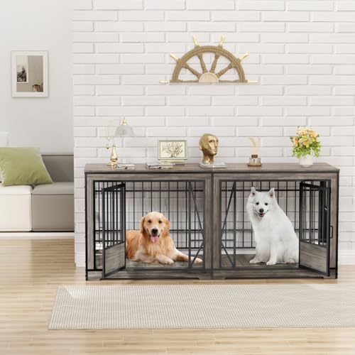 86 in Double Dog Crate Furniture with Divider, Heavy Duty Wooden Kennel for Large Dogs, Brown P52672
