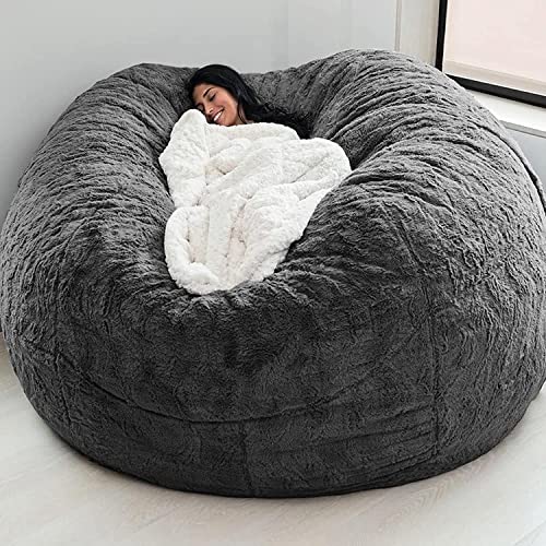 7ft Soft Fluffy Giant Fur Bean Bag Chair Cover for Adult, Round Lazy Sofa Bed Cover, Color C E82828