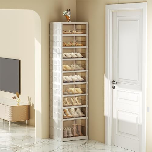 Portable Shoe Rack Organizer 6 Tier 24 Pairs Foldable Shoe Box with Doors, Large Folding Cabinet Bins.Stackable Plastic Shoe Box, Storage Shoe Cabinet for Hallway, Living Room, Closet