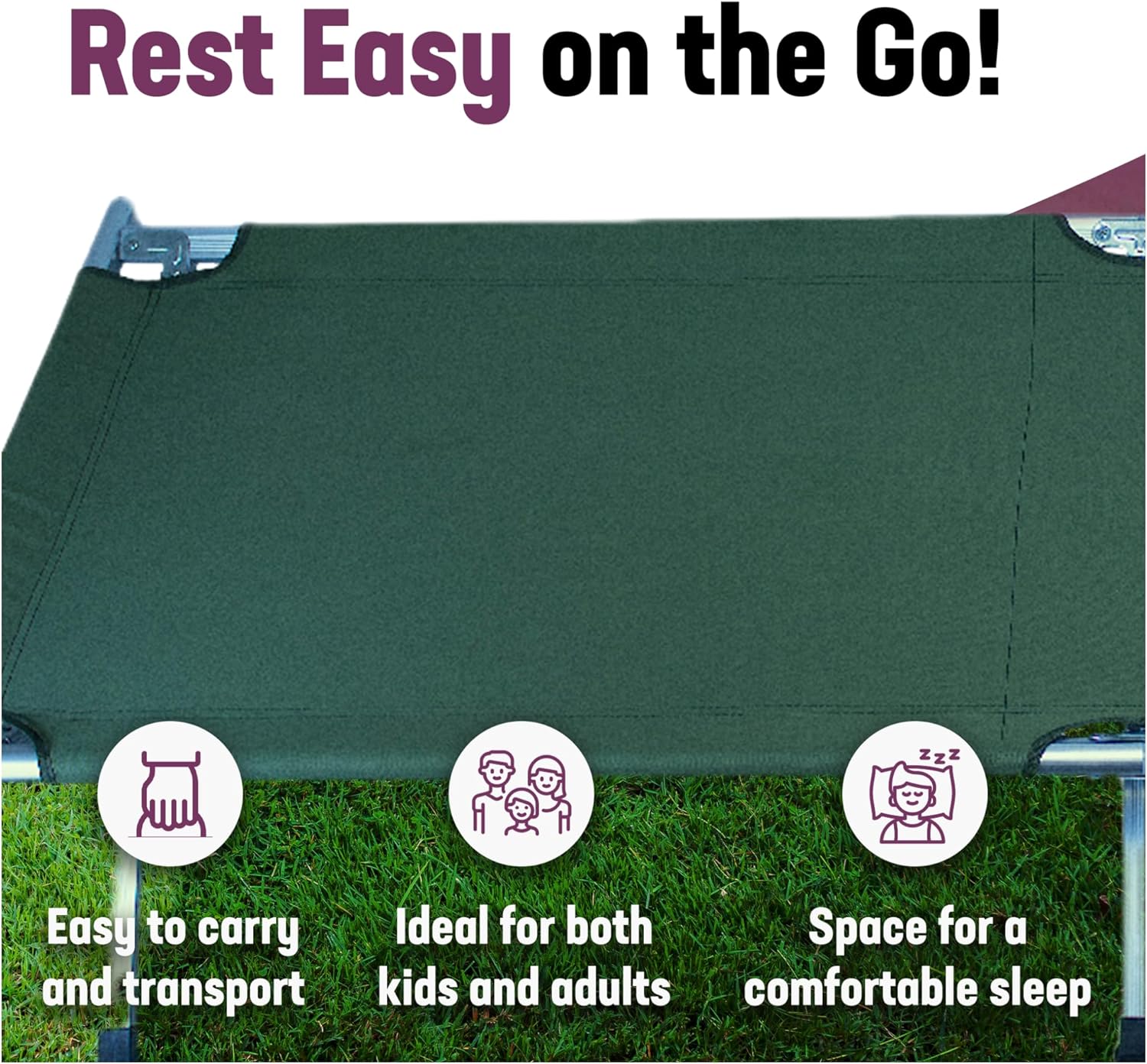 Kemp USA Green Military-Style Camping Bed, Lightweight Aluminum Cot for Adults, Foldable, Holds 250 LBS M118251