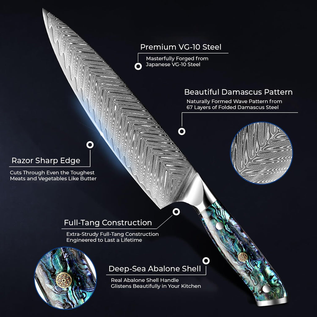 SENKEN 11-Piece Damascus Knife Block Set with Abalone Shell Handle, Japanese VG10 Steel T372