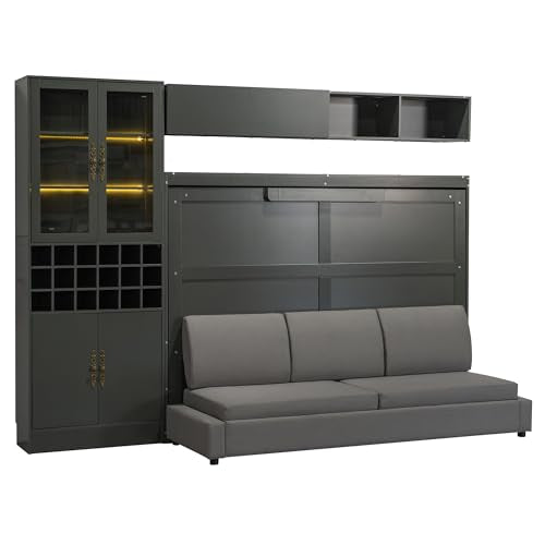 MERITLINE Queen Murphy Bed with Couch and Storage Shelves, LED Light, White J578