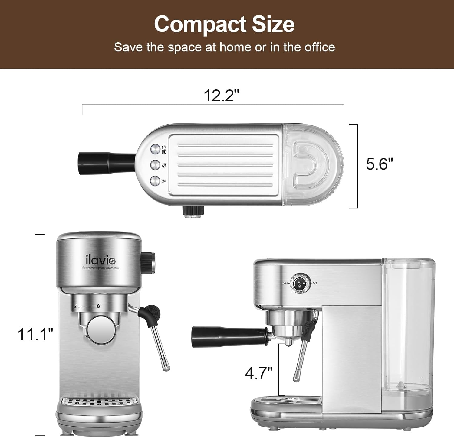 Espresso Coffee Machine 20 Bar, Compact Cappuccino Maker with Detachable Water Tank, Stainless Steel W7658