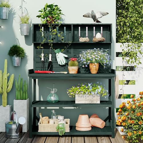 Outdoor Wooden Potting Bench Table with Drawers and Storage Shelves C672480