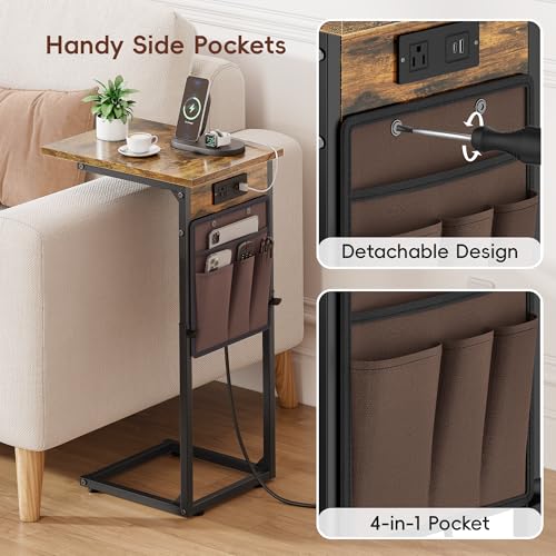 Vagusicc C Shaped End Table with Charging Station, Adjustable Height, Brown C747005