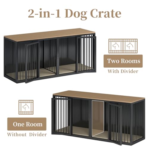 Large Dog Crate Furniture for 2 Dogs, All Steel Frame with Wooden Top (White) M394533