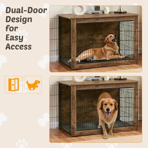 Wooden Dog Crate End Table for Large Indoor Use, Rustic Brown B947201