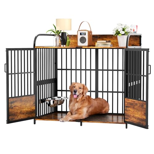 86 in Double Dog Crate Furniture with Divider, Heavy Duty Wooden Kennel for Large Dogs, Brown P52672