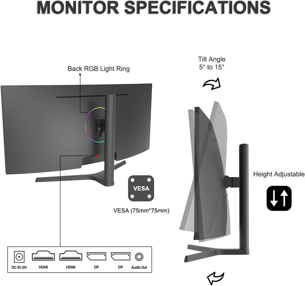 34 Inch Ultrawide Curved Gaming Monitor UWQHD 165Hz Frameless RIQ34-4K165HZ G758061