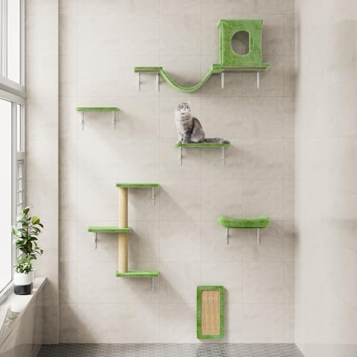 NUNU LAB Wall Mounted Cat Furniture, 7 Pcs Cat Wall Shelves with House, Gray T582052