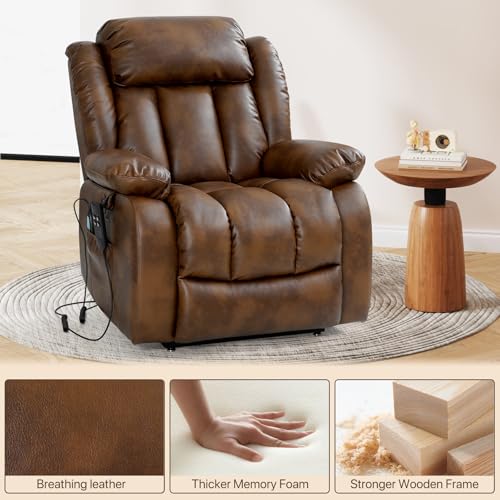 EDILLY Genuine Leather Power Lift Recliner Chair with Massage and Heating, Brown C901