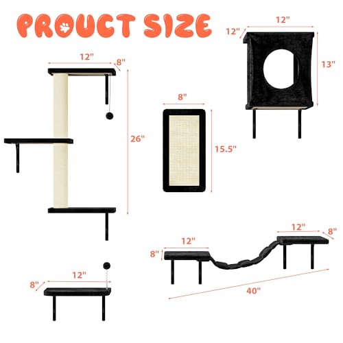NUNU LAB Wall Mounted Cat Furniture, 7 Pcs Cat Wall Shelves with House, Gray T582052