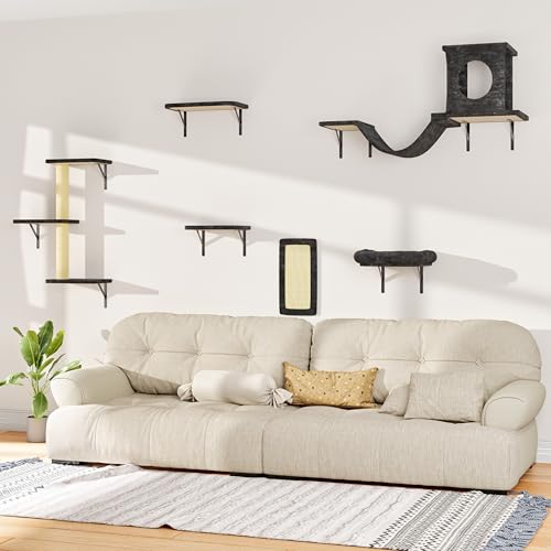 NUNU LAB Wall Mounted Cat Furniture, 7 Pcs Cat Wall Shelves with House, Gray T582052