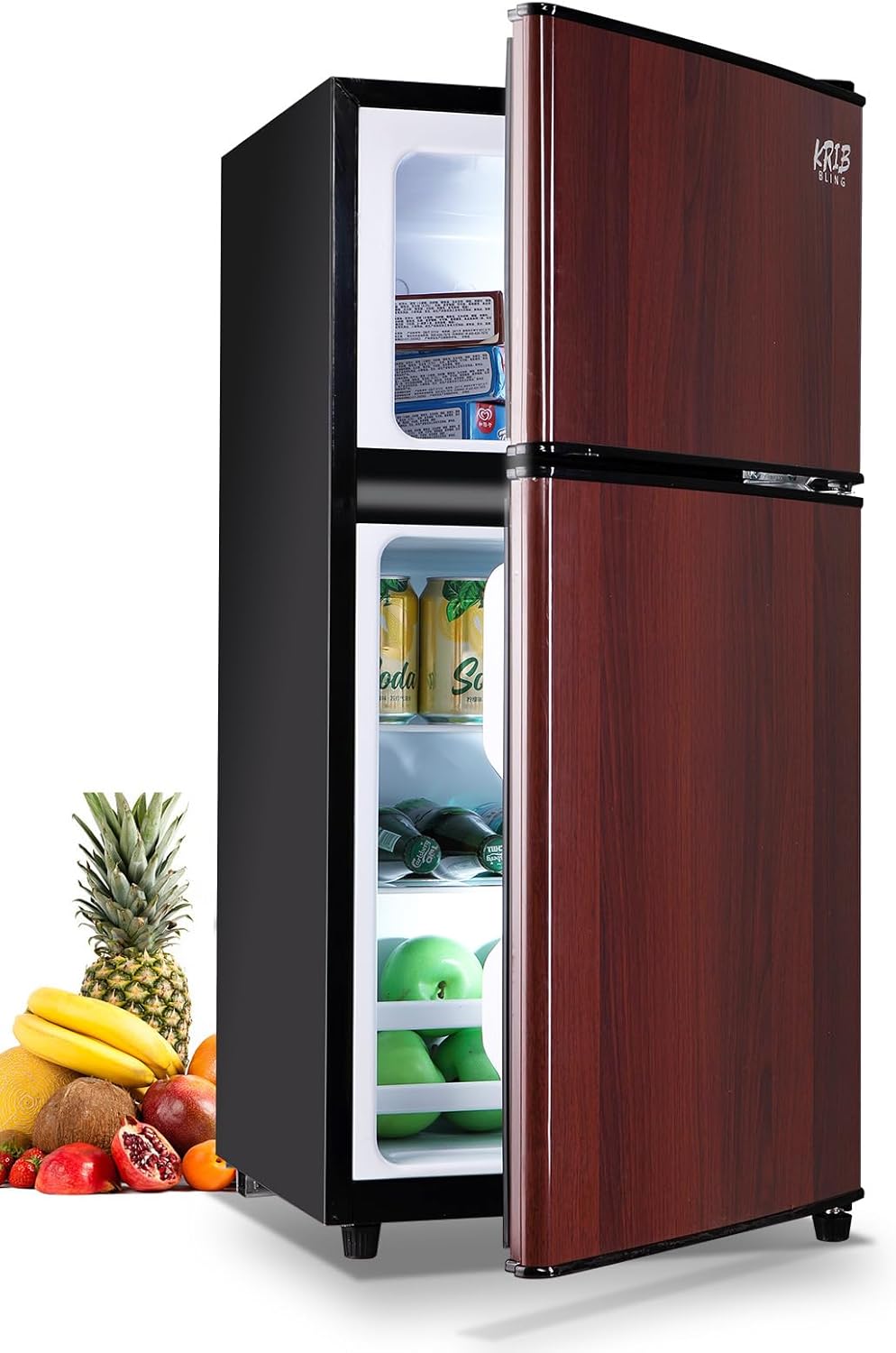 KRIB BLING Mini Fridge With Freezer,Compact Refrigerator With 2 Doors,7- Level Adjustable Thermostat, Removable Glass Shelves For Bedroom, Office, Kitchen, Apartment, Dorm,3.5 Cu. Ft Wood