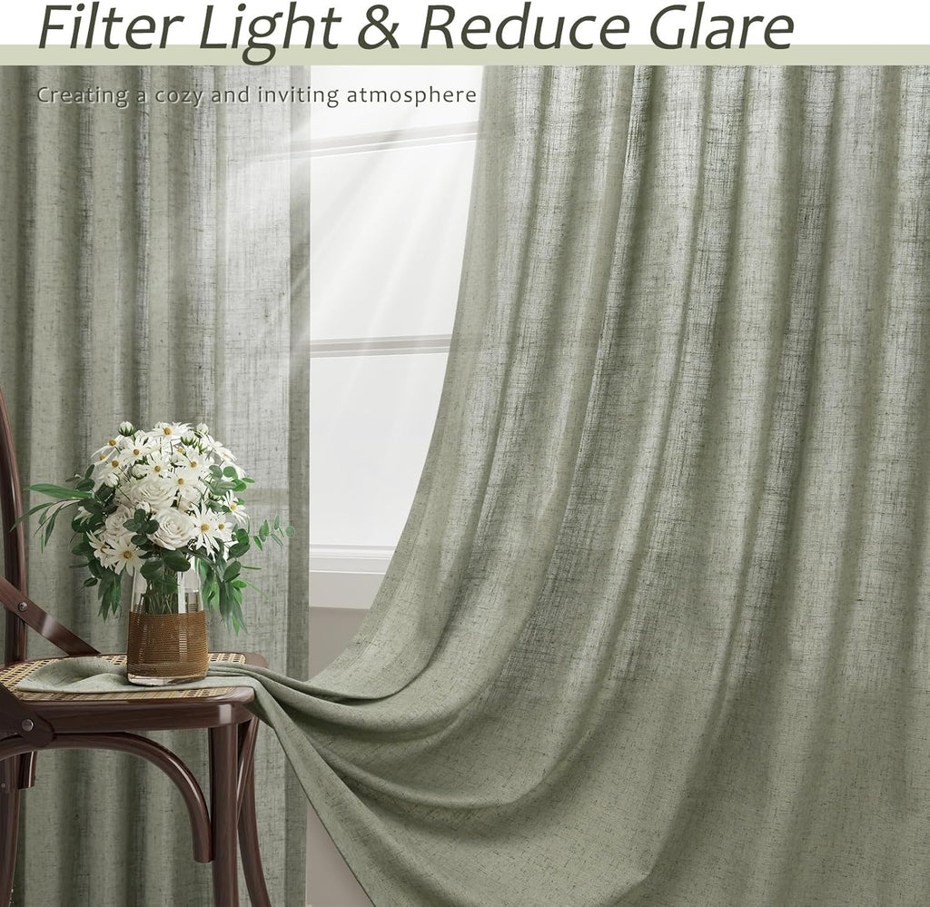 Sage Green Semi Sheer Linen Curtains 84 Inch Length 2 Panels Set D855