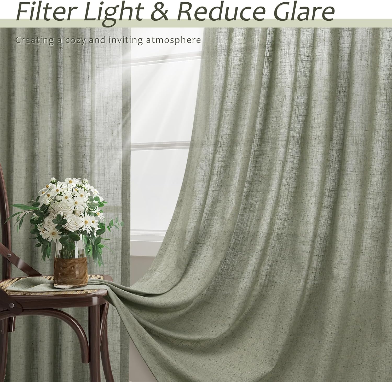 Sage Green Semi Sheer Linen Curtains 84 Inch Length 2 Panels Set D855