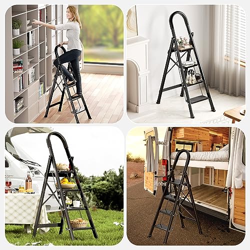 4 Step Ladder with Handgrip, Folding Aluminum Step Stool, 330lbs Capacity, Black R71948