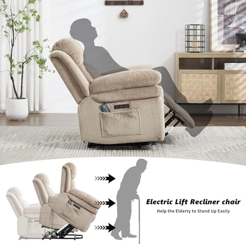 CANMOV 46" Wide Power Lift Recliner Chair for Elderly, with Massage and Heat, Light Brown K346927