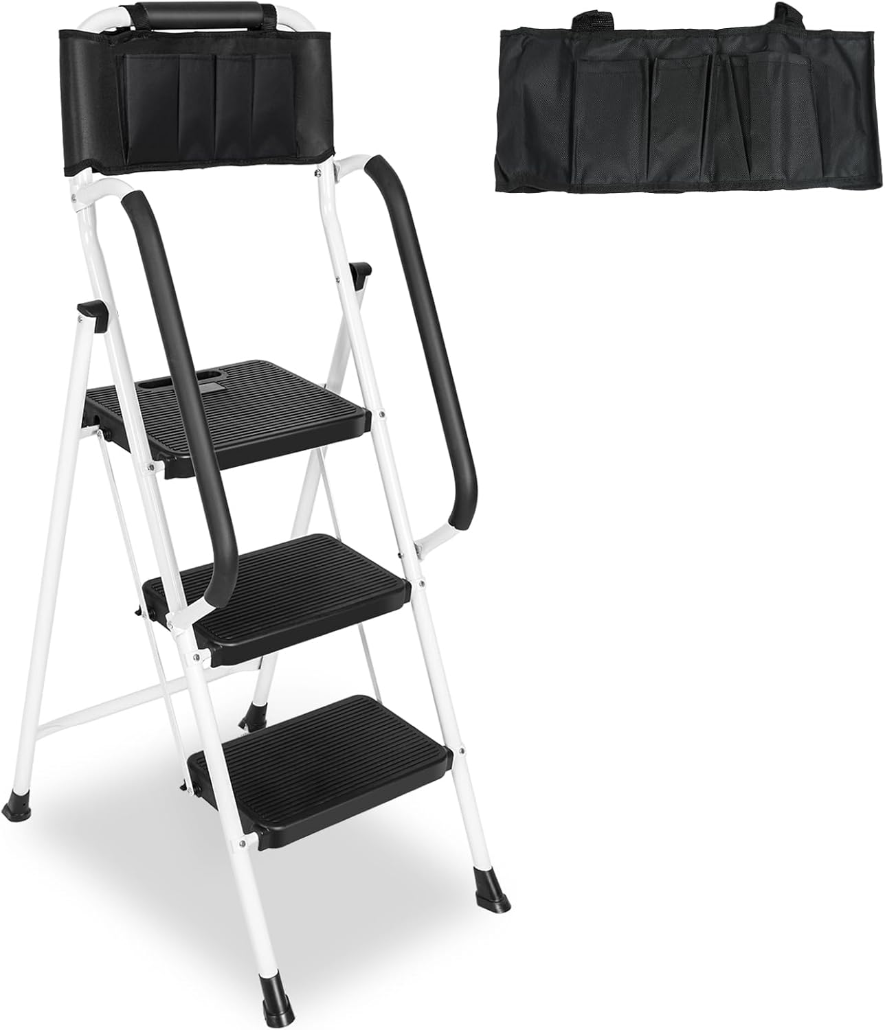 3 Step Ladder with Handrails & Attachable Tool Bag, 500 lbs Folding Step Stool Ladder, Wide Non-Slip Pedal for Kitchen Pantry Home Office, White