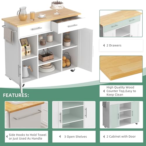 Shintenchi Kitchen Island with Drop Leaf, Rolling Cart with Storage, White T972