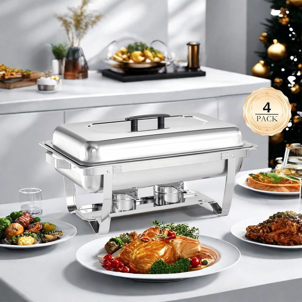 Chafing Dish Buffet Set 4 Pack - 8 Quart Stainless Steel Chafer with Folding Frame T909666