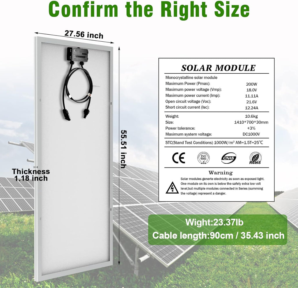 200 Watt Monocrystalline Solar Panel 12V/24V for RV Boat Caravan Off-Grid B3550