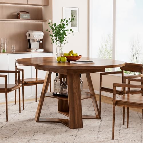 Extendable Round Dining Table for 4-8 with Removable Leaves, Wood Base, Walnut V742