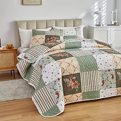 Patchwork Quilt Set Full/Queen, 3 Pieces Green Floral Plaid Microfiber Bedspread P67042