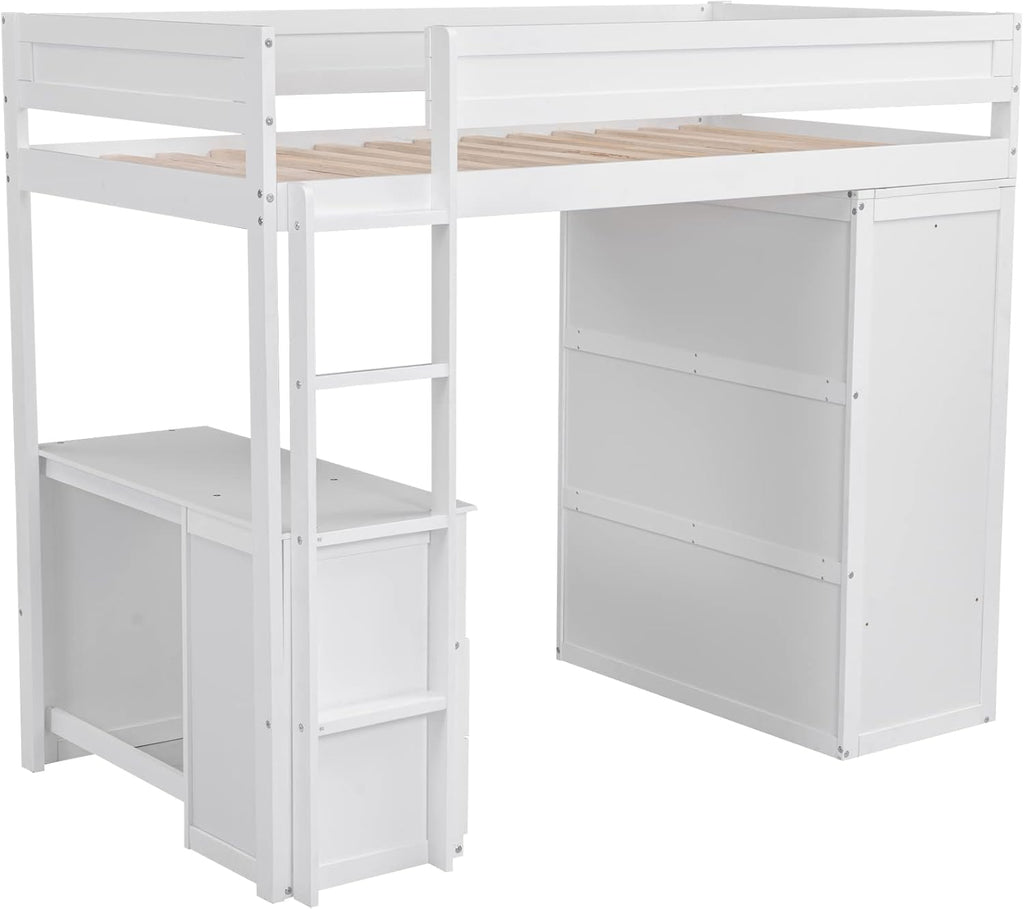Modern Twin Loft Bed with Desk and Wardrobe, White L334490
