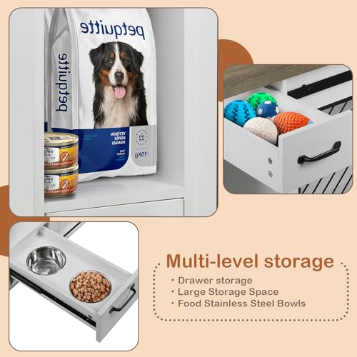 Extra Large Dog Crate Furniture 85" Sliding Door Double Kennel for 2 Large Dogs, White N35378