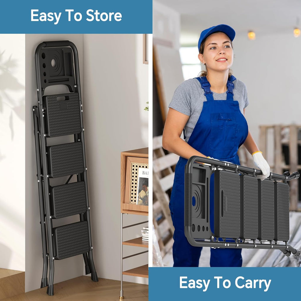 4 Step Ladder with Tool Platform, Folding Anti-Slip Steel Step Stool for Adults E949021