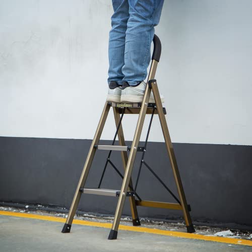Magshion Aluminum 3-Step Ladder Folding Step Stool with Padded Grip, 331lbs Capacity, Gold P886800