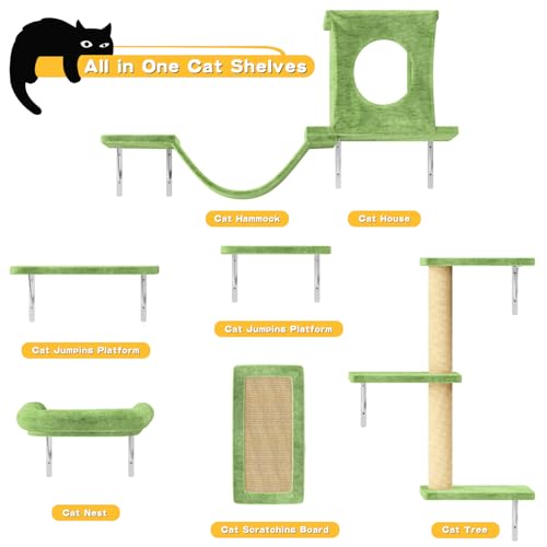 NUNU LAB Wall Mounted Cat Furniture, 7 Pcs Cat Wall Shelves with House, Gray T582052