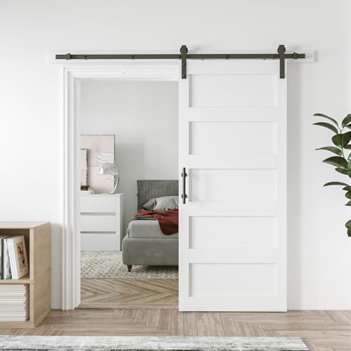 White 5-Panel Solid Sliding Barn Door with Hardware Kit W109