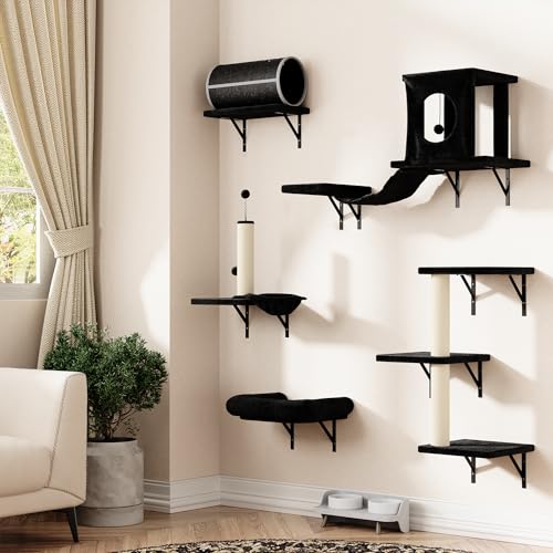 NUNU LAB Wall Mounted Cat Furniture, 7 Pcs Cat Wall Shelves with House, Gray T582052
