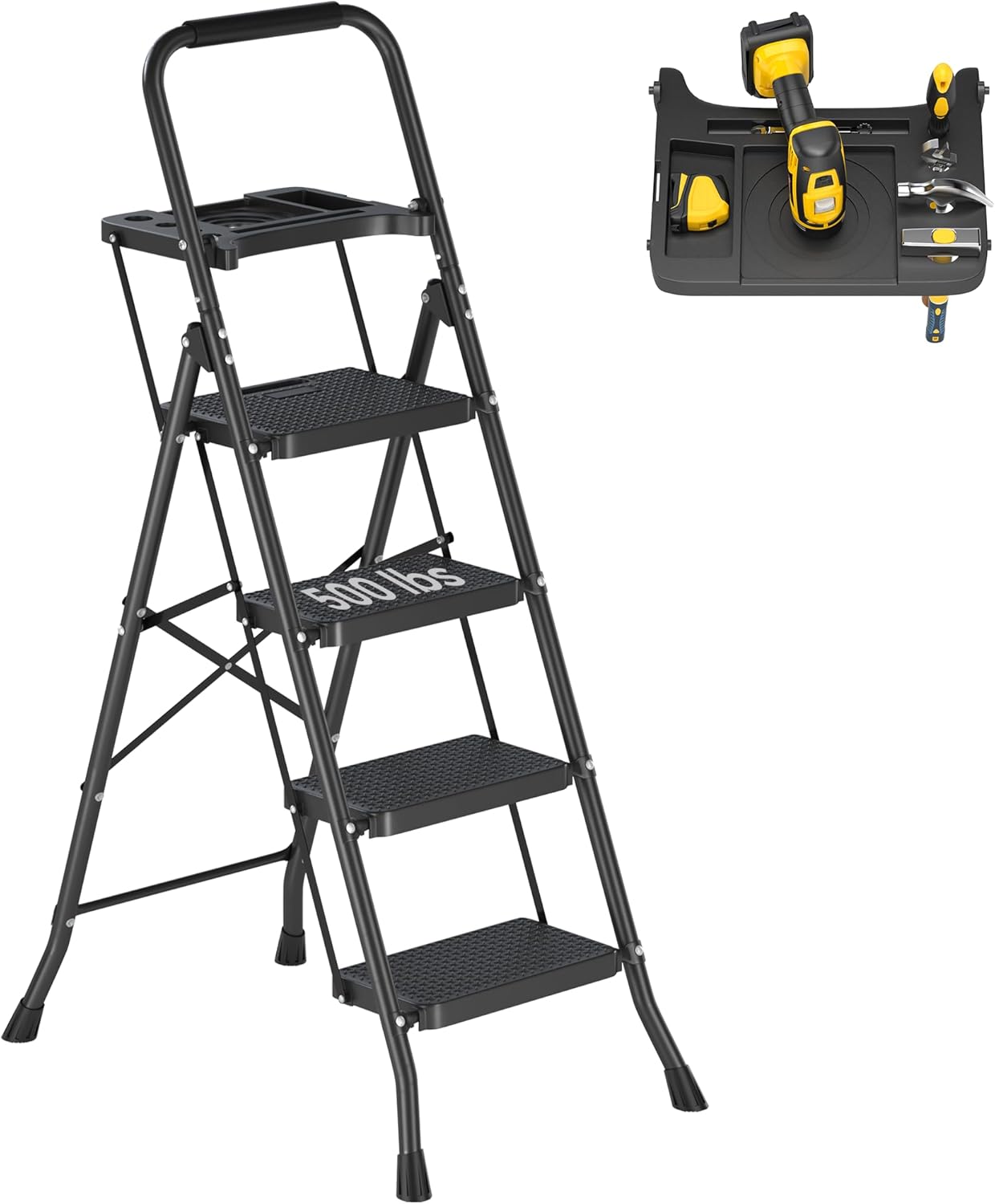 4 Step Ladder with Tool Platform: Folding Step Stool with Wide Anti-Slip Pedal, Portable 500lbs Capacity Step Ladder for Adults, Lightweight Steel Step Stool Perfect for Kitchen & Household