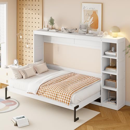 Murphy Cabinet Bed Frame with Charging Station, Full-Size Foldable Wall Bed Z526