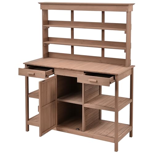 Outdoor Wooden Potting Bench Table with Drawers and Storage Shelves C672480