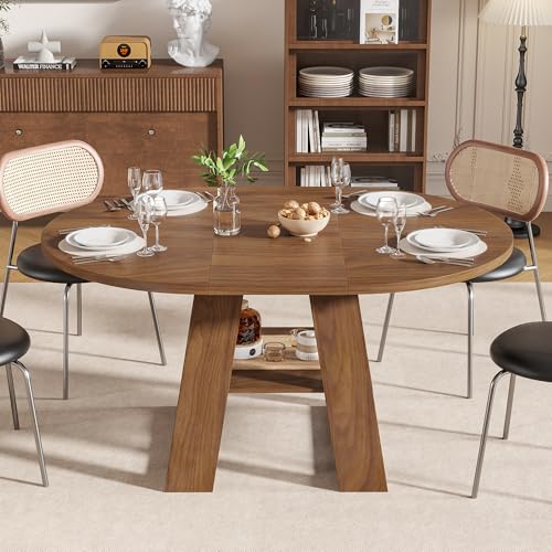 Extendable Round Dining Table for 4-8 with Removable Leaves, Wood Base, Walnut V742