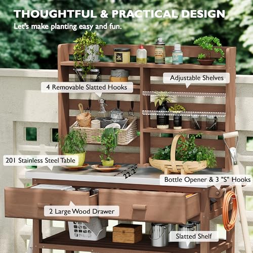Outdoor Wooden Potting Bench Table with Drawers and Storage Shelves C672480