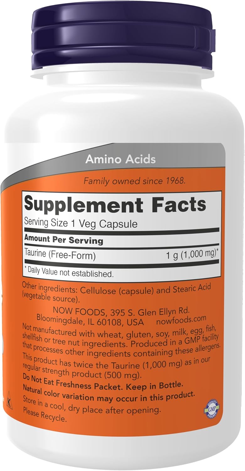 NOW Supplements Taurine 1,000 mg Double Strength, 100 Veg Capsules J855468