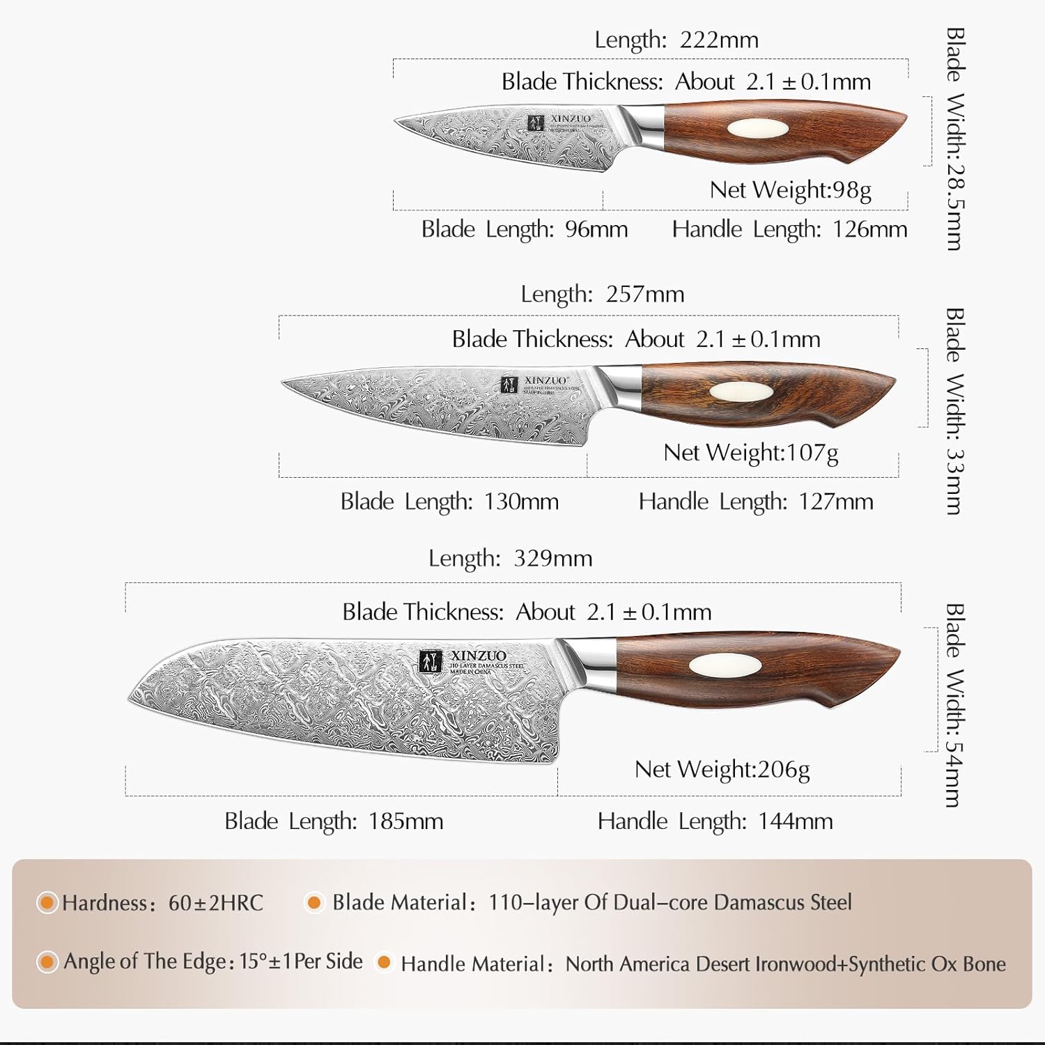 XINZUO 5-Piece Damascus Knife Set with Wood Handle X547964