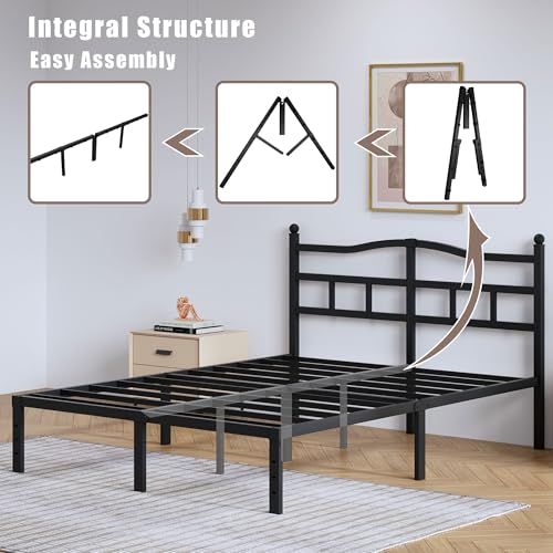 Full Metal Bed Frame 14 Inch Tall Heavy Duty Black Steel Slats Platform J736200