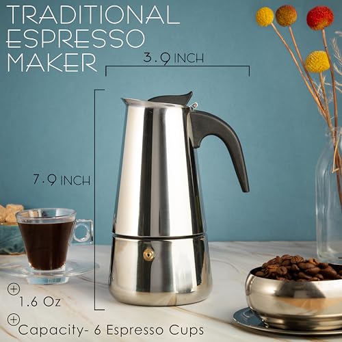 Mixpresso 6 Cup Greca Stovetop Espresso Maker, Stainless Steel Moka Pot, Black K256