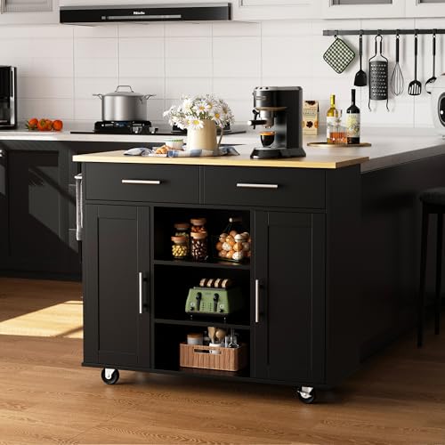 Shintenchi Kitchen Island with Drop Leaf, Rolling Cart with Storage, White T972