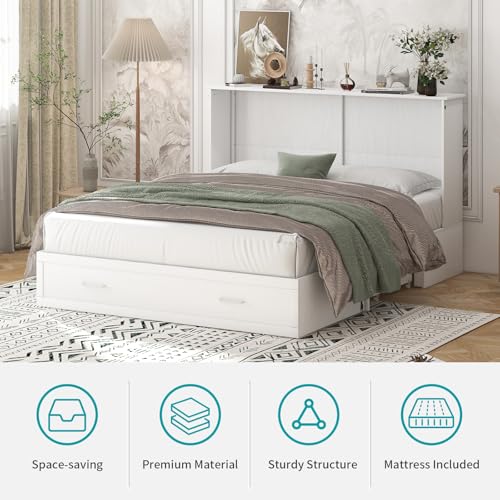 BALUS Murphy Cabinet Bed Queen with Charging Station, Tri-fold Memory Mattress, Storage Drawers, White Y6917