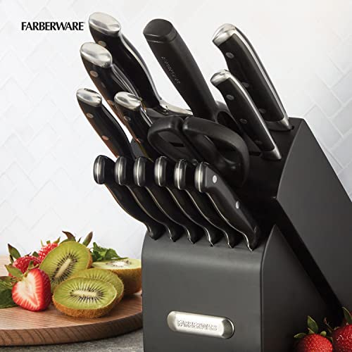 Farberware 15-Piece Forged Knife Block Set, High Carbon Stainless Steel, Wood Block J852607