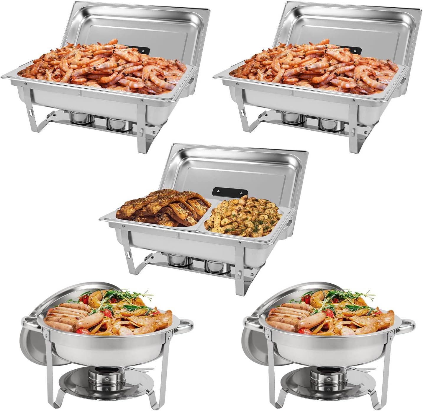 Restlrious Chafing Dish Buffet Set Stainless Steel 5QT Round & 8QT Rectangle Foldable Chafers & Buffet Warmers Set, w/Full & Half Size Food Pan, Water Pan, Fuel Holder & Lid for Catering Event, 5 Pk
