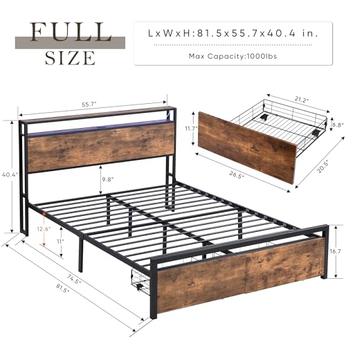 Full Bed Frame with Storage Headboard, LED Lights and USB Charging Stations G7942